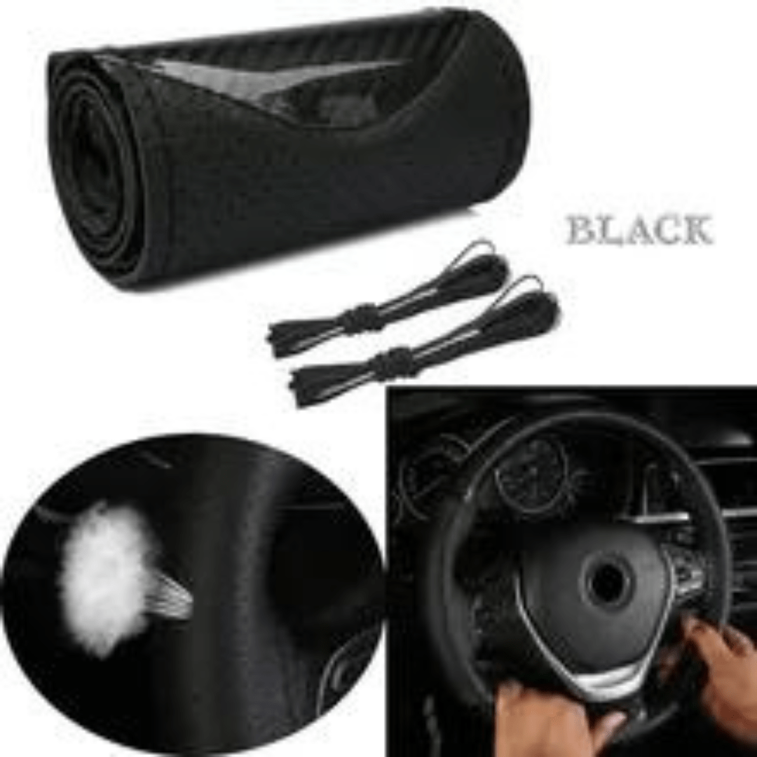 15″ 38cm Universal Car Steering Wheel Cover Wrap Hand Sewing Protector Glossy Carbon Fiber Style Leather with Needles Thread New