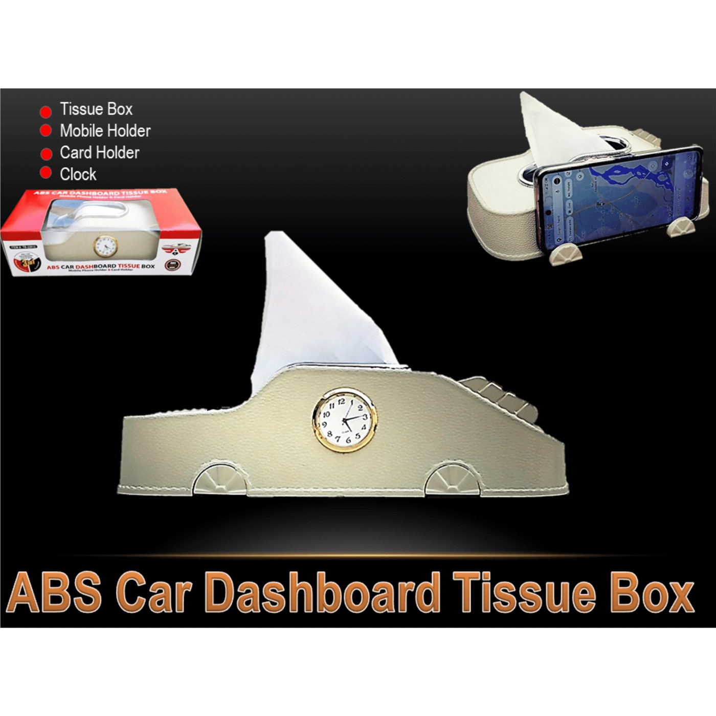ABS Dashboard Tissue Box with Clock and Mobile Holder, Card Holder view 3