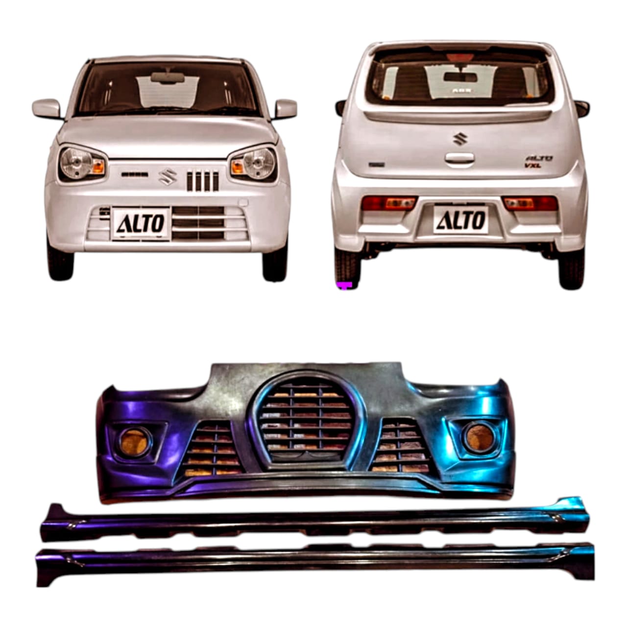 Suzuki Alto Front Bumper Bughatti Style with Side Skirt Panels | Premium 4 Ply Fiber Body Kit view 2