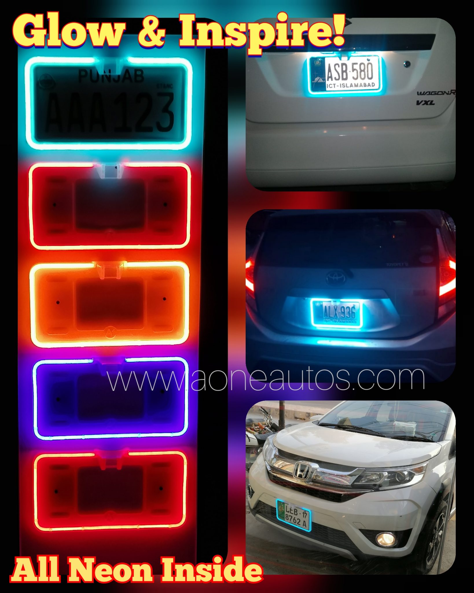 Full Neon Car Number Plate Frame With Camera Option 2pc
