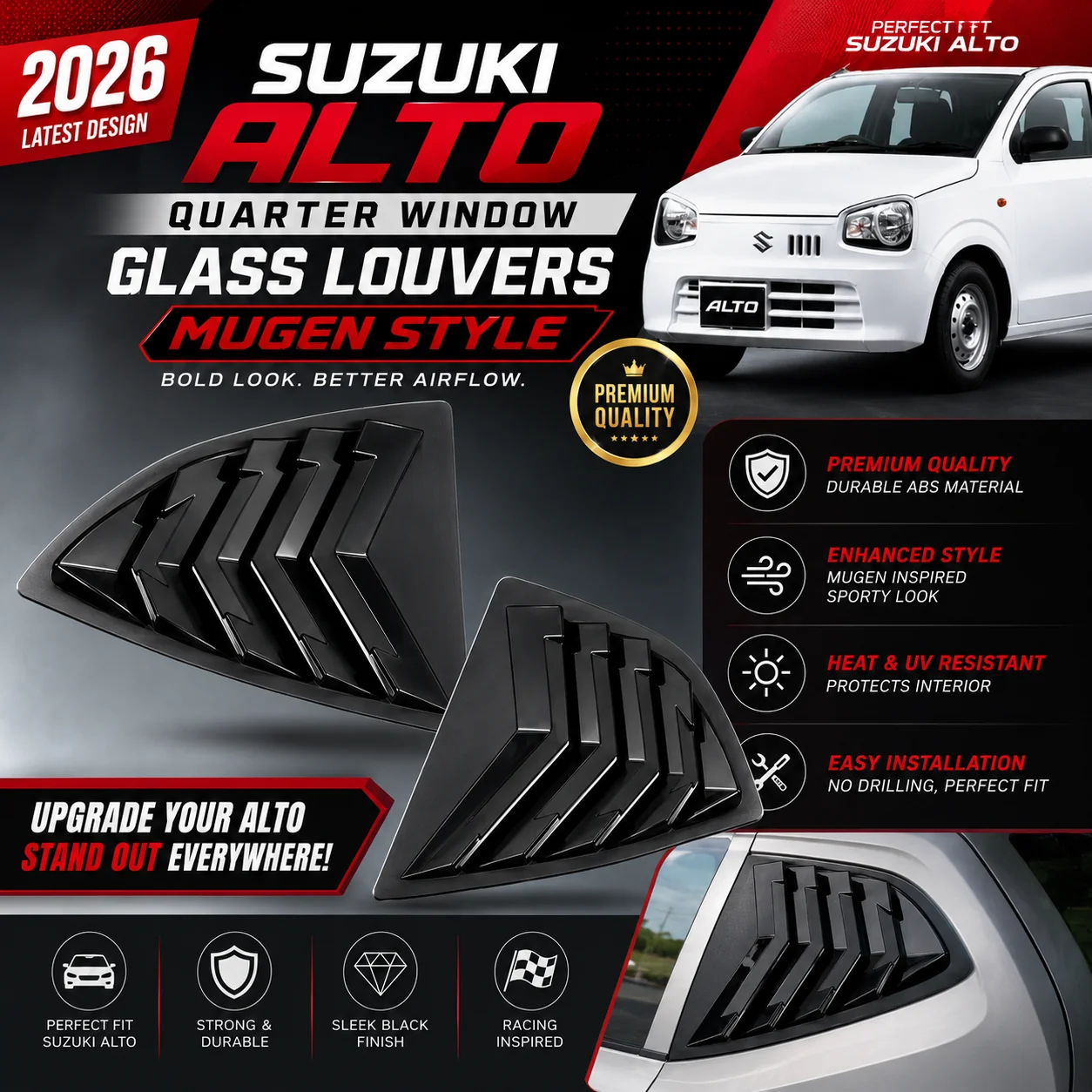 Suzuki Alto 2019-2026 Mugen Style Quarter Glass Louvers | ABS Rear Quarter Window Louvers view 8