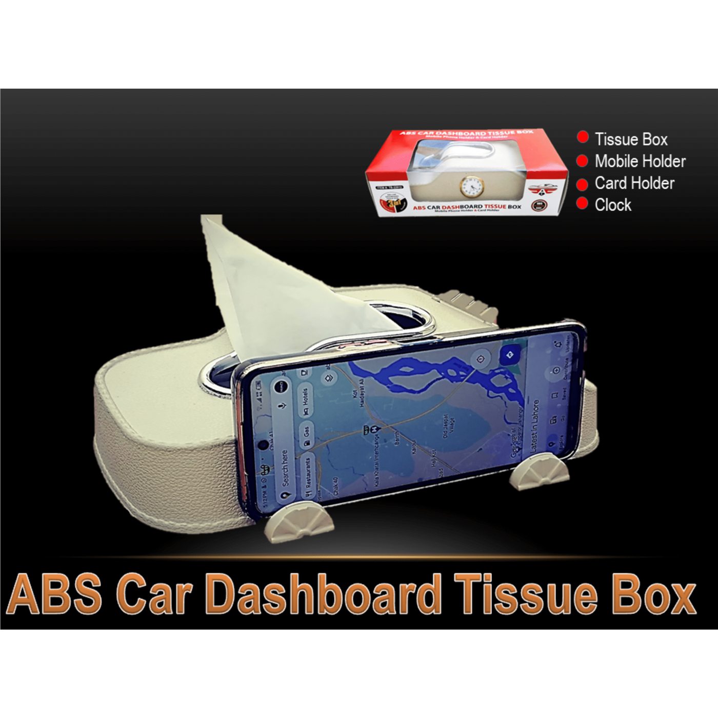 ABS Dashboard Tissue Box with Clock and Mobile Holder, Card Holder view 2