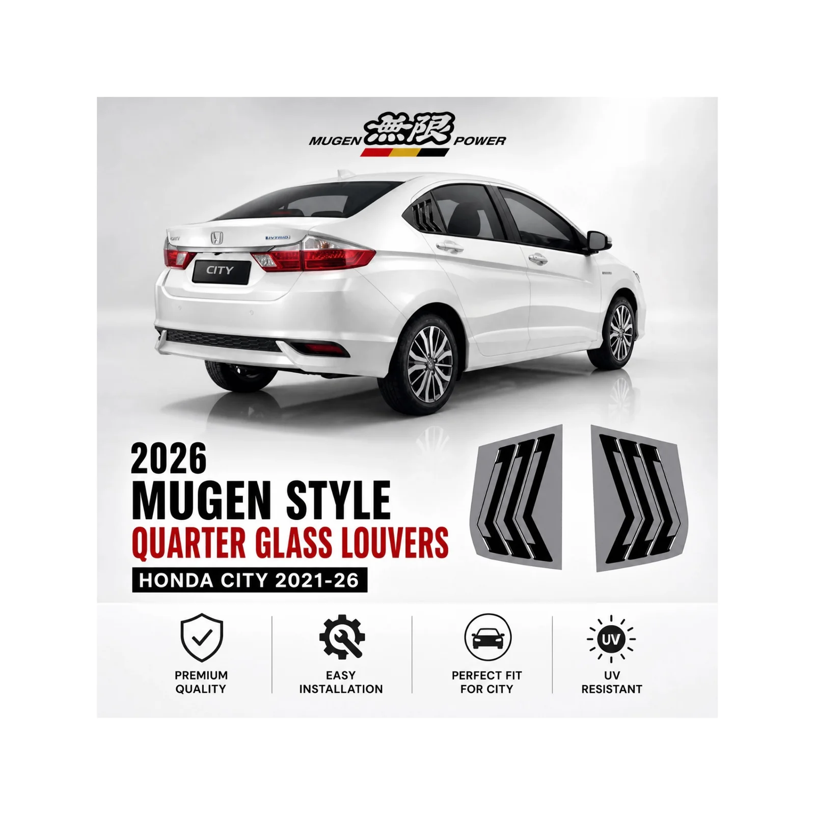 Honda City 2022-2026 (Glossy Black) Mugen Style Quarter Glass Louvers | ABS Rear Quarter Window Louvers view 2