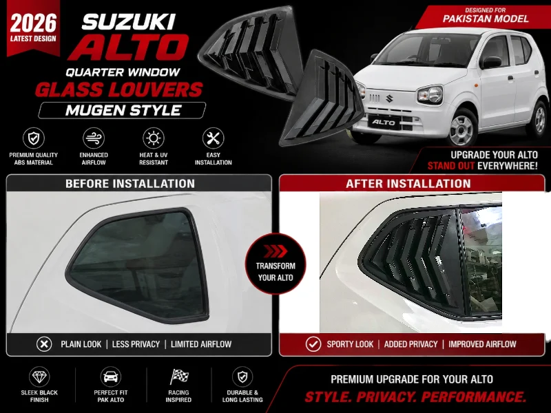 Suzuki Alto 2019-2026 Mugen Style Quarter Glass Louvers | ABS Rear Quarter Window Louvers view 3