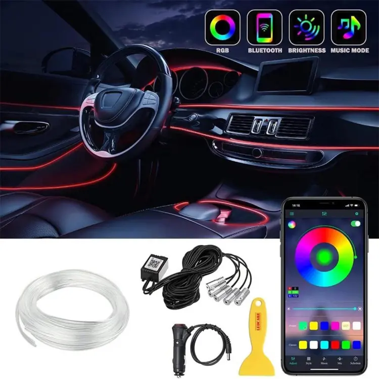 Car RGB LED Strips Ambient Light APP Control for Car Interior Atmosphere Light Lamp 8 colors 5M Fiber Optic Band