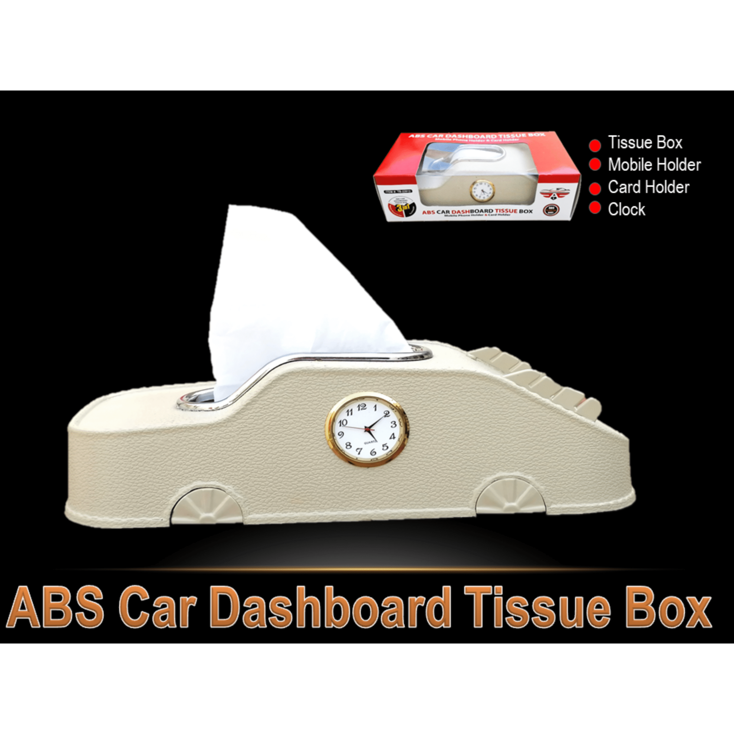 ABS Dashboard Tissue Box with Clock and Mobile Holder, Card Holder