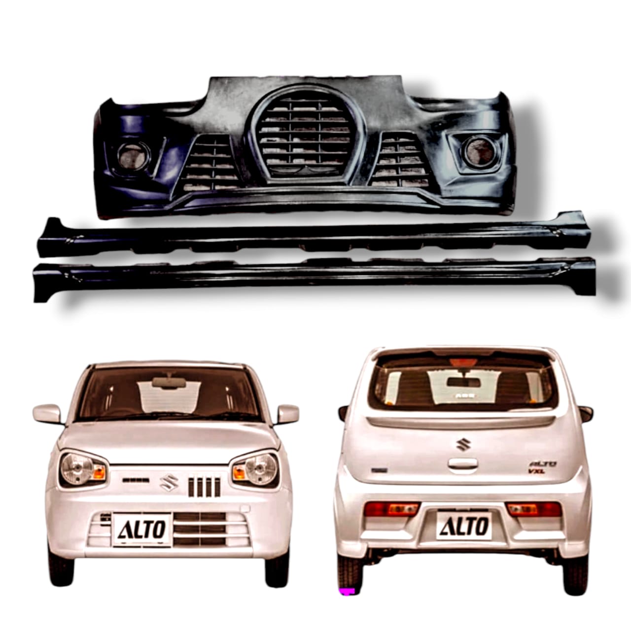 Suzuki Alto Front Bumper Bughatti Style with Side Skirt Panels | Premium 4 Ply Fiber Body Kit