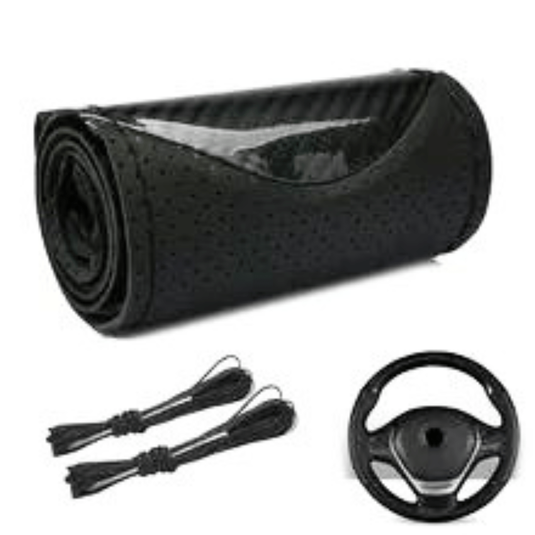 15″ 38cm Universal Car Steering Wheel Cover Wrap Hand Sewing Protector Glossy Carbon Fiber Style Leather with Needles Thread New view 3