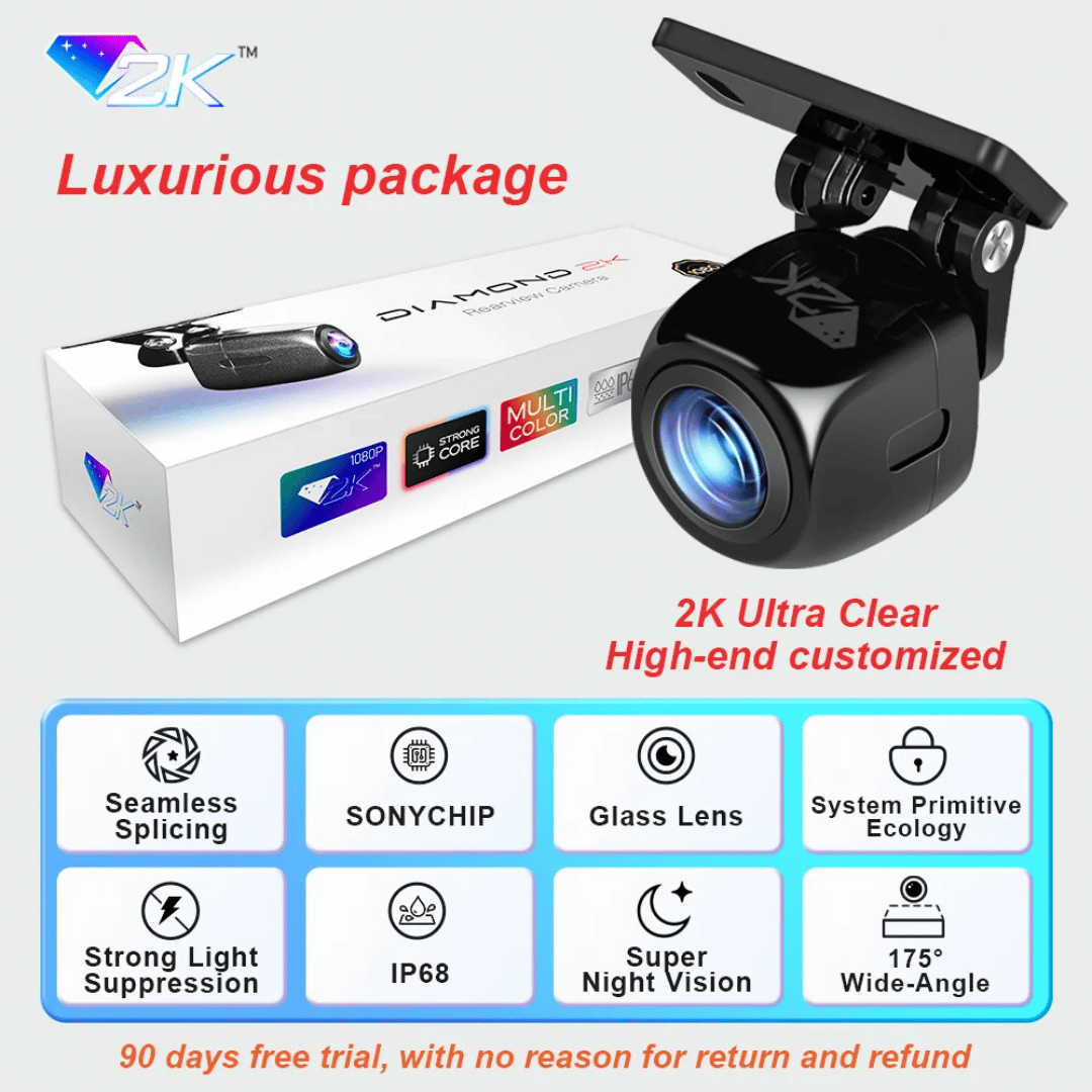 2K Diamond Ultra HD Night Vision Rear View Camera – 12V Universal Fit, IP68 Waterproof