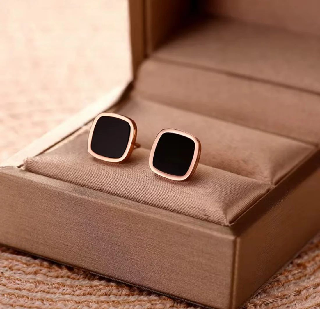 Black Square Stud - Earrings - Hover