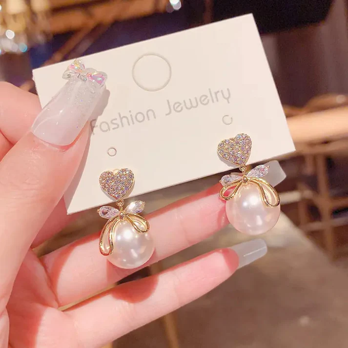 Heart and Pearl Drop Korean - Earrings