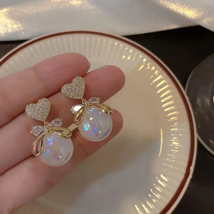 Heart and Pearl Drop Korean - Earrings - Hover