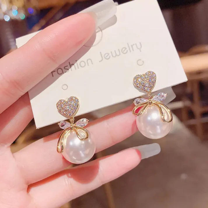 Heart and Pearl Drop Korean - Earrings - Image 3