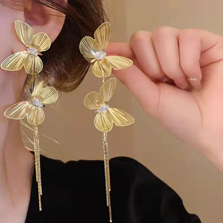 Crystal Butterfly Long Tassel - Earrings