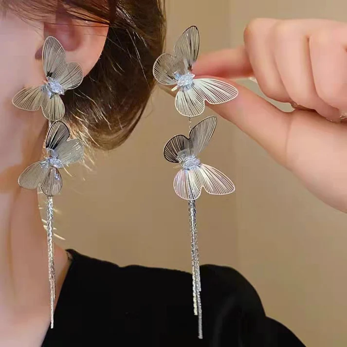 Crystal Butterfly Long Tassel - Earrings - Hover