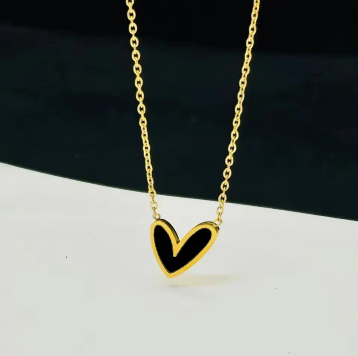 Gold Black Charm Heart Pendant - Necklace