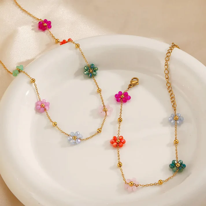 Flower Beaded Necklace Bracelet  - Hover