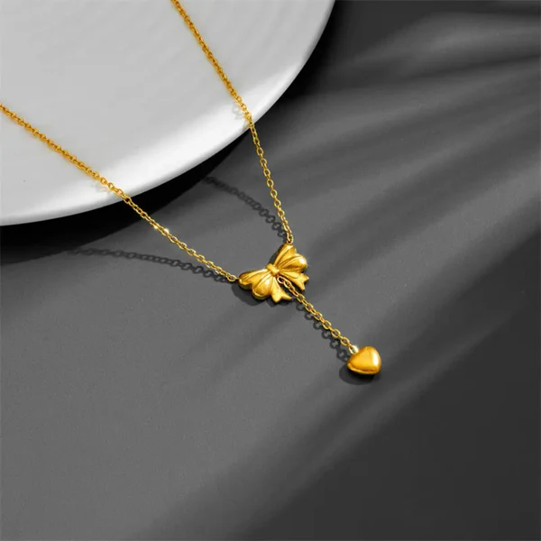 Color Bowknot Heart Drop - Necklace