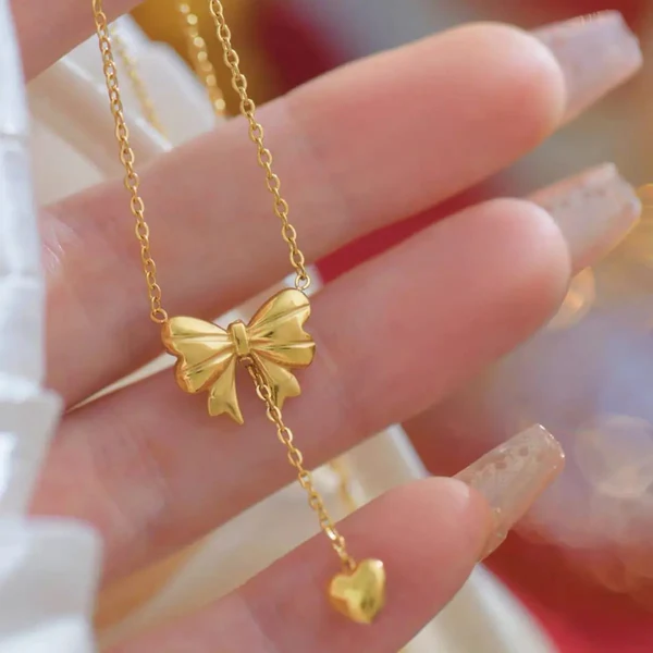 Color Bowknot Heart Drop - Necklace - Image 3