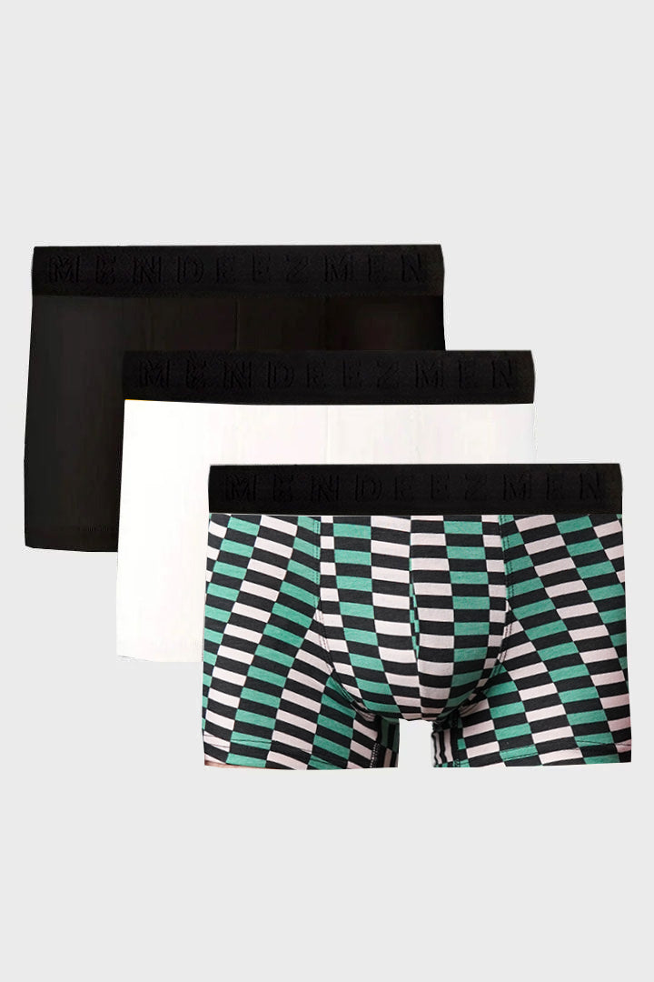 Boxer Trunks - Black, White & Printed Multicolor Pack Of 3