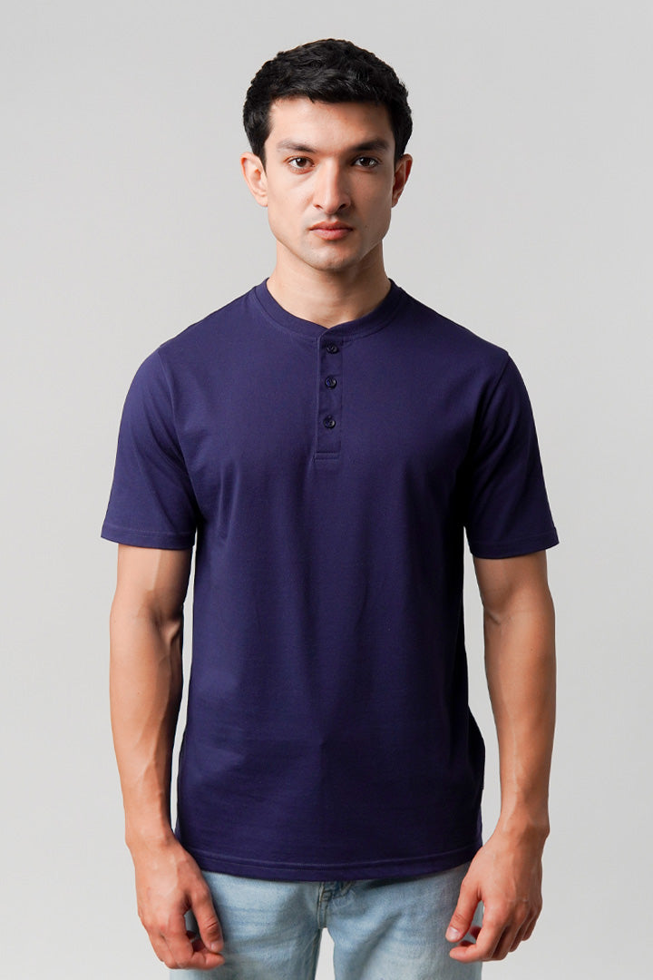 Regular Fit Henley T-Shirt - Navy Blue