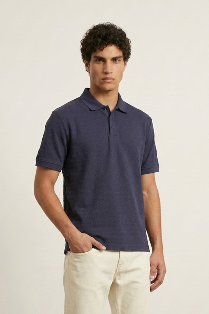 Jacquard Textured Polo - Navy Blue