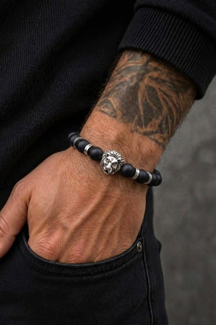 Matte Black Onyx Silver Lion Bracelet alternate view