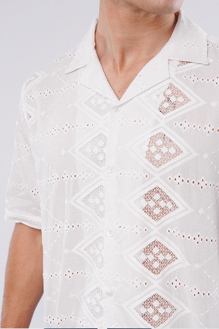 Embroidered Diamond Cuban Shirt - White - FA alternate view