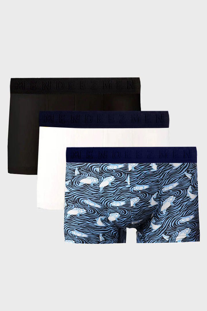 Boxer Trunks - Black, White & Printed Blue Pack Of 3