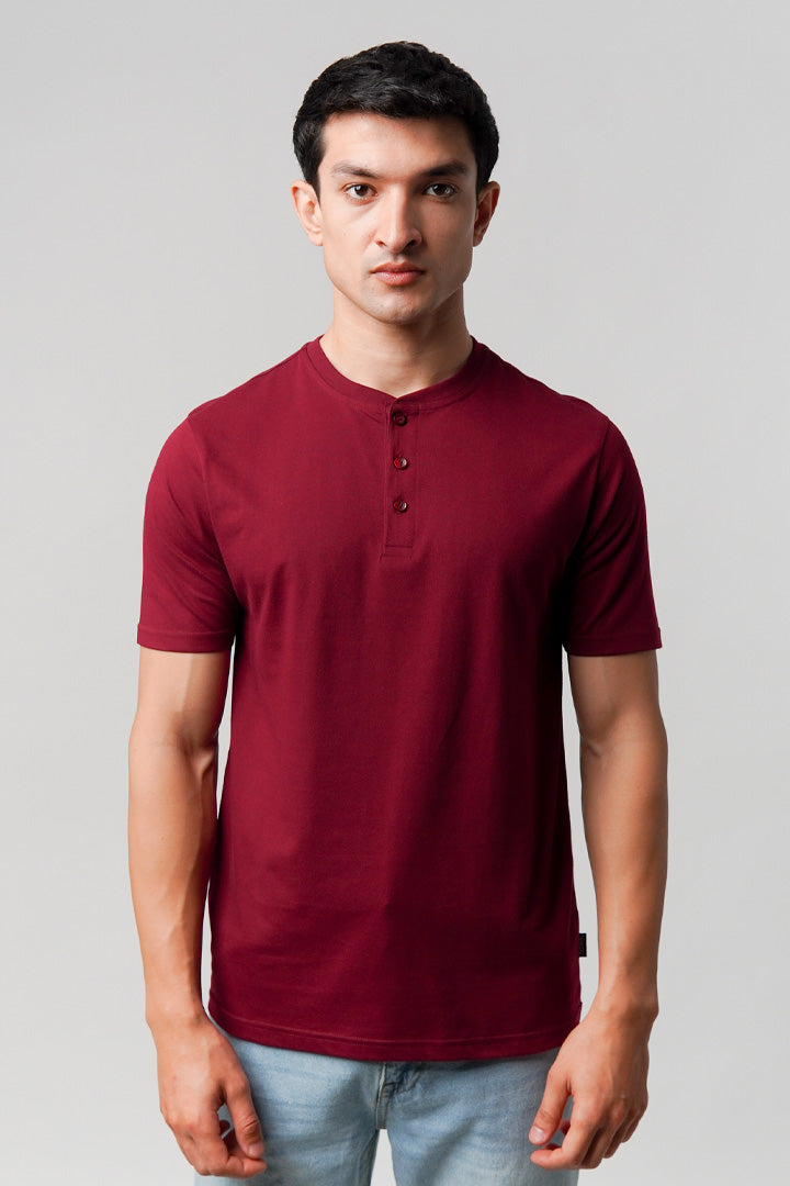 Regular Fit Henley T-Shirt - Maroon