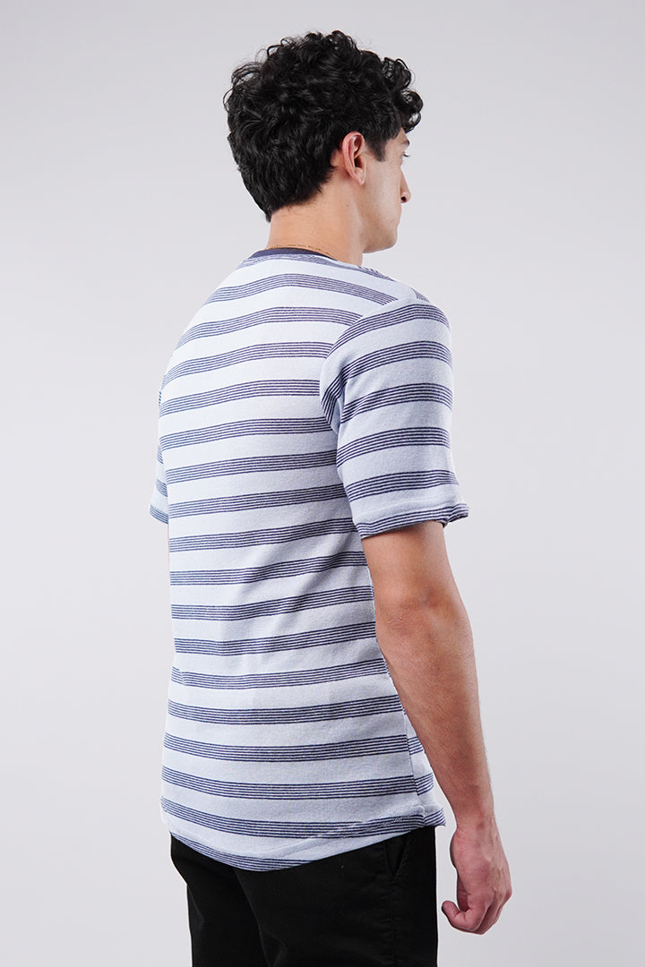 Striped Curved Hem T-Shirt - Sky Blue