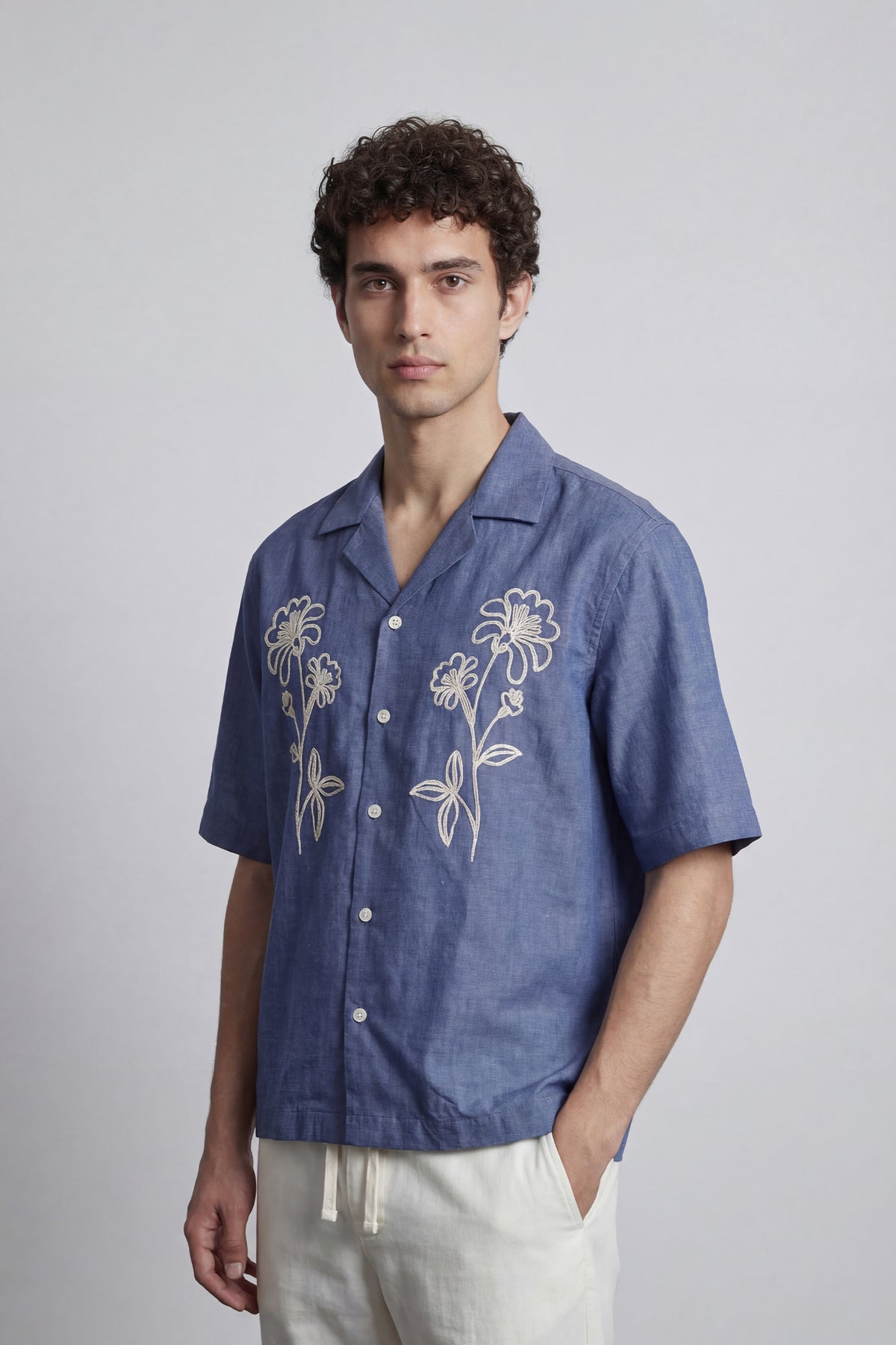 Embroidered Cuban Shirt - Blue