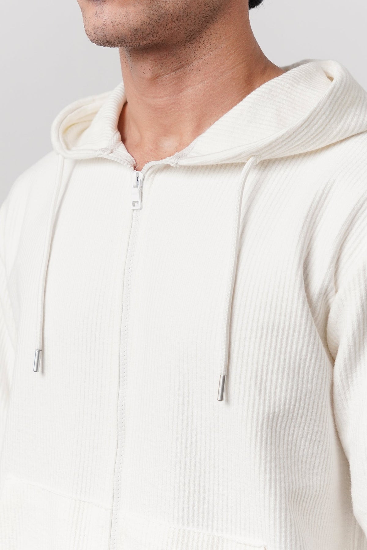 Textured Zipper Hoodie - White - FA