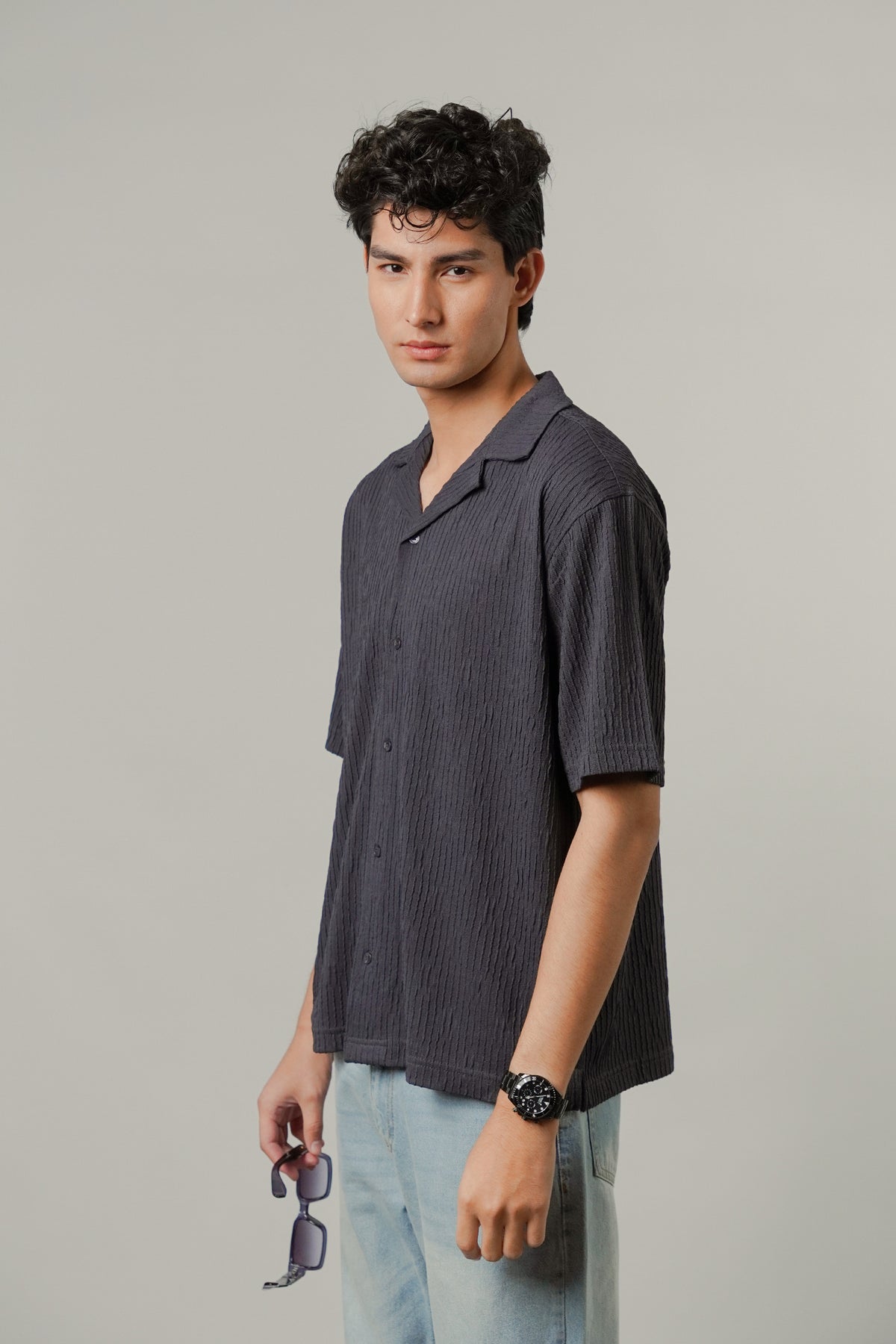 Textured Cuban Shirt - Greyish Blue