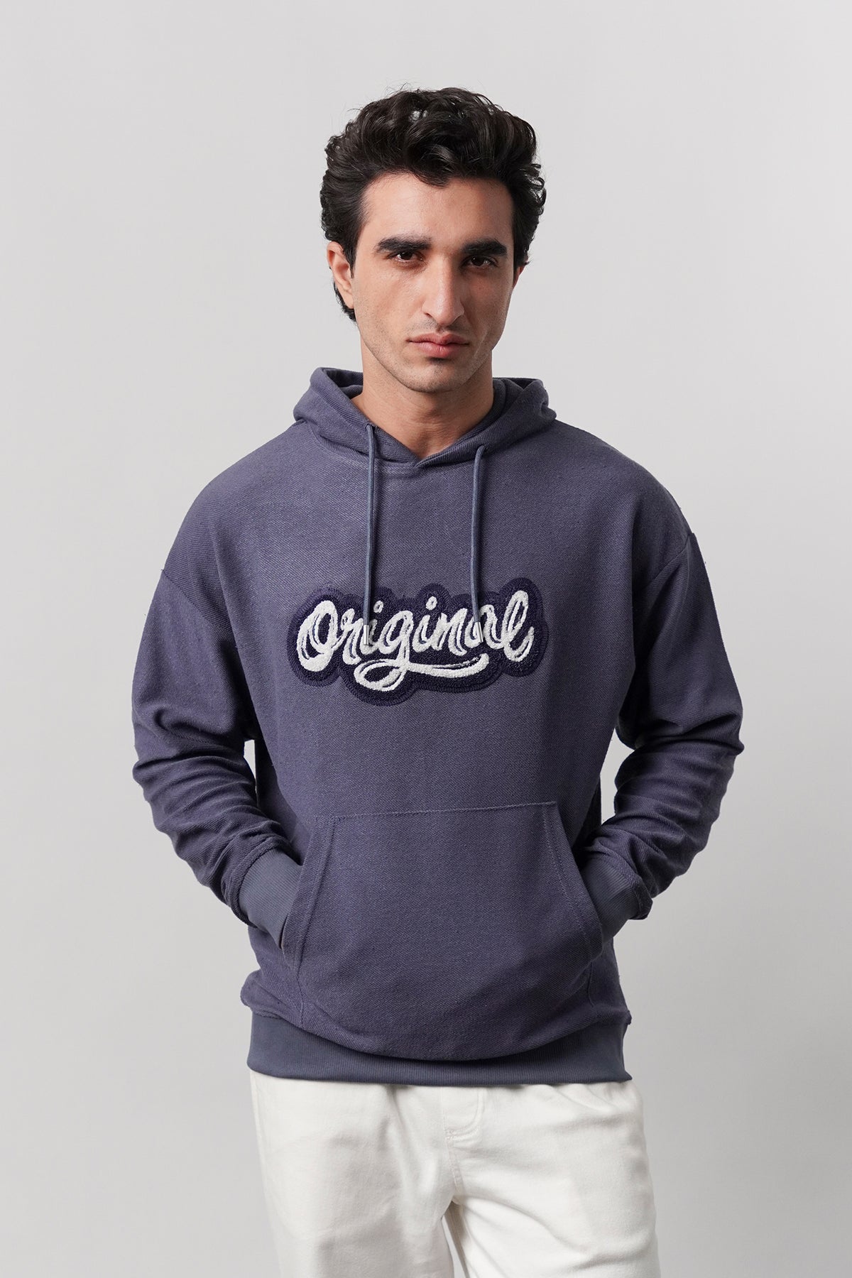 Pullover Embroidered Hoodie - Greyish Blue