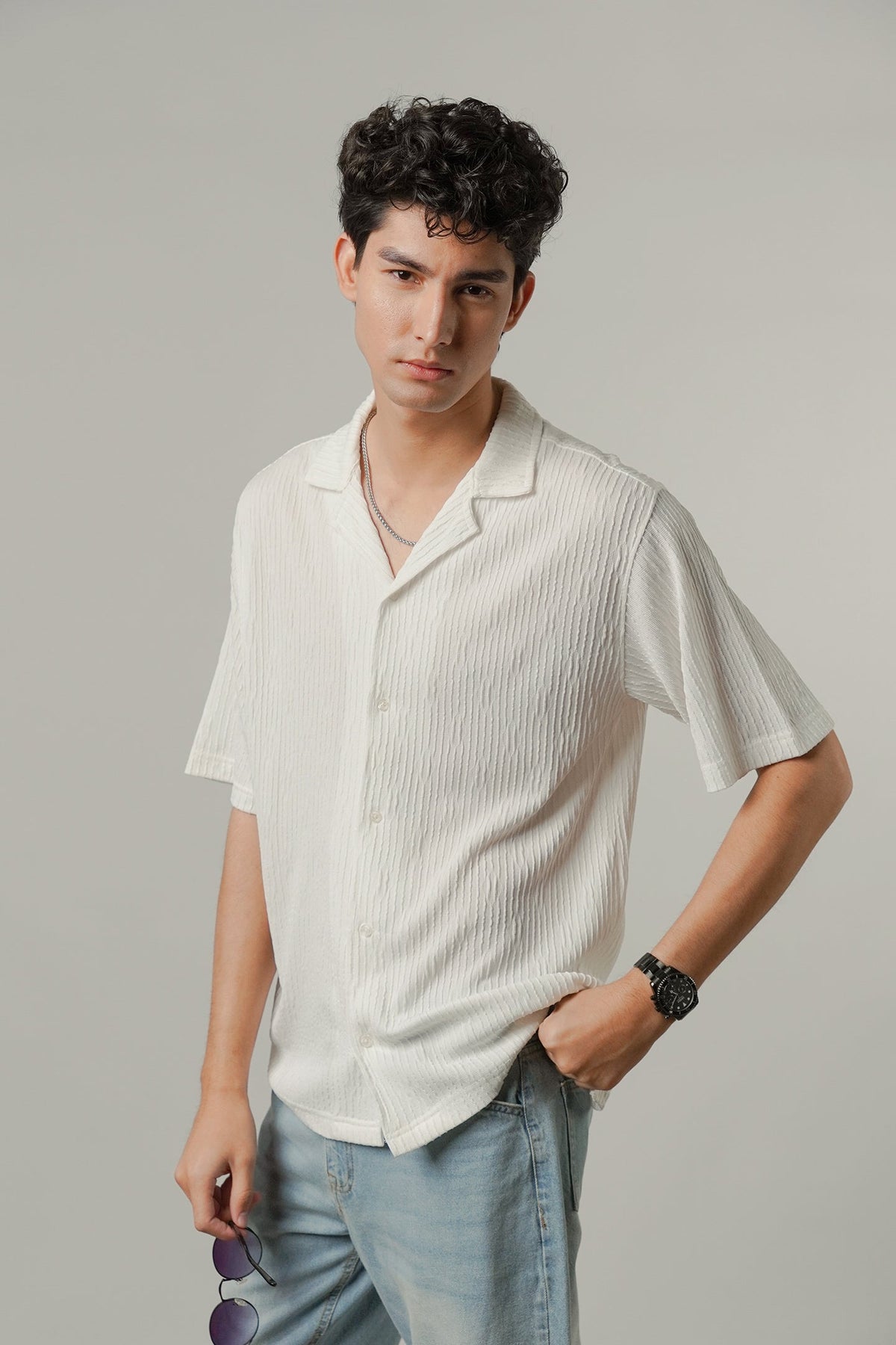 Textured Cuban Shirt - White - FA alternate view