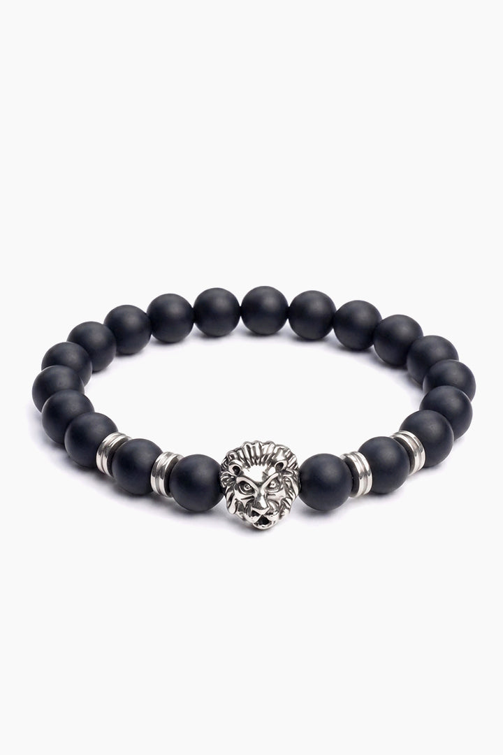 Matte Black Onyx Silver Lion Bracelet