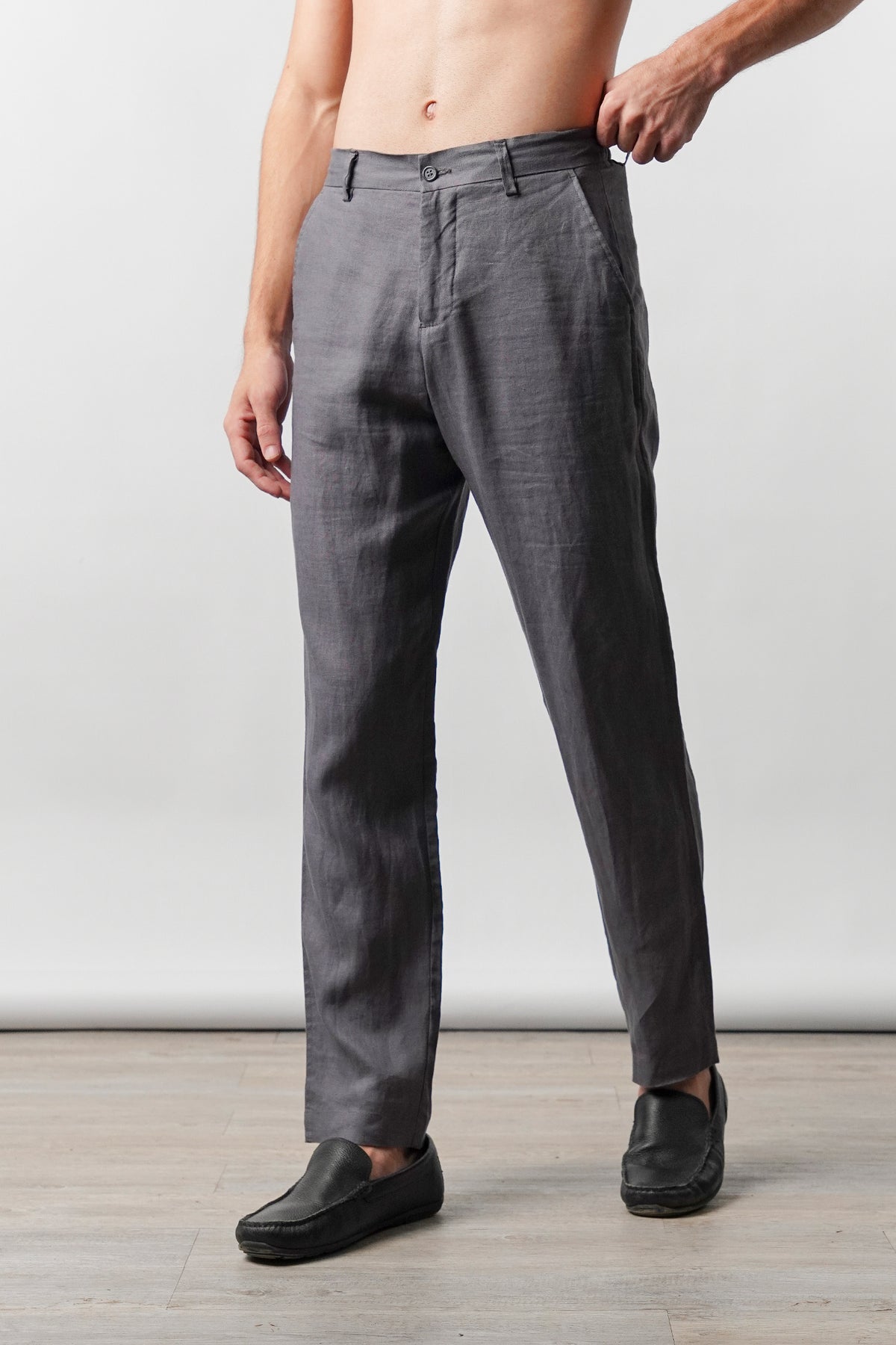 Straight Fit Linen Pants - Grey