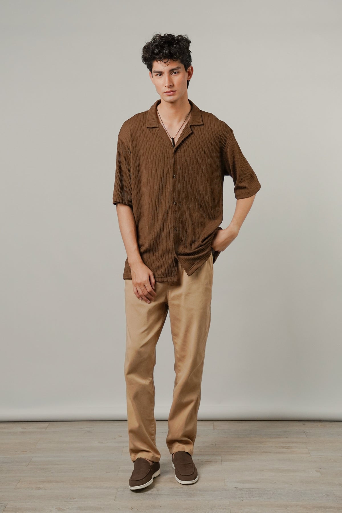 Textured Cuban Shirt - Brown
