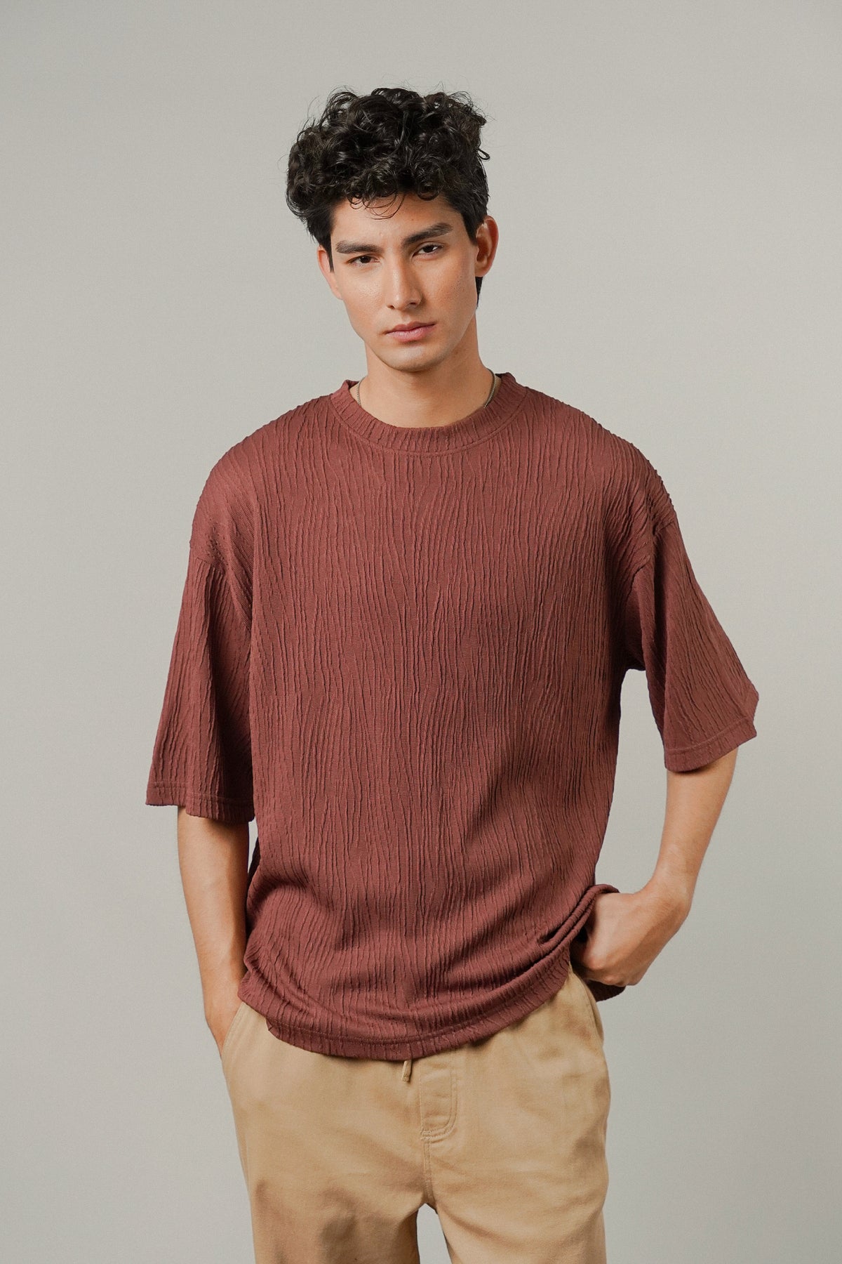 Oversized Textured Tee - Wine