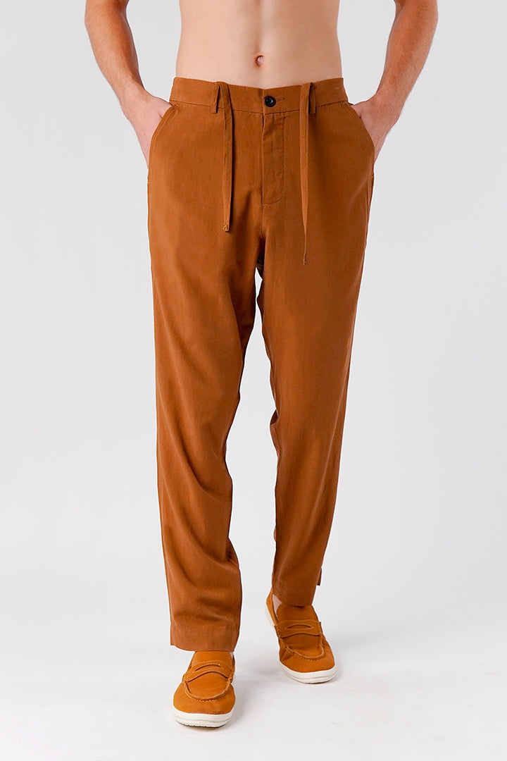Straight Fit Linen Pants - Brown