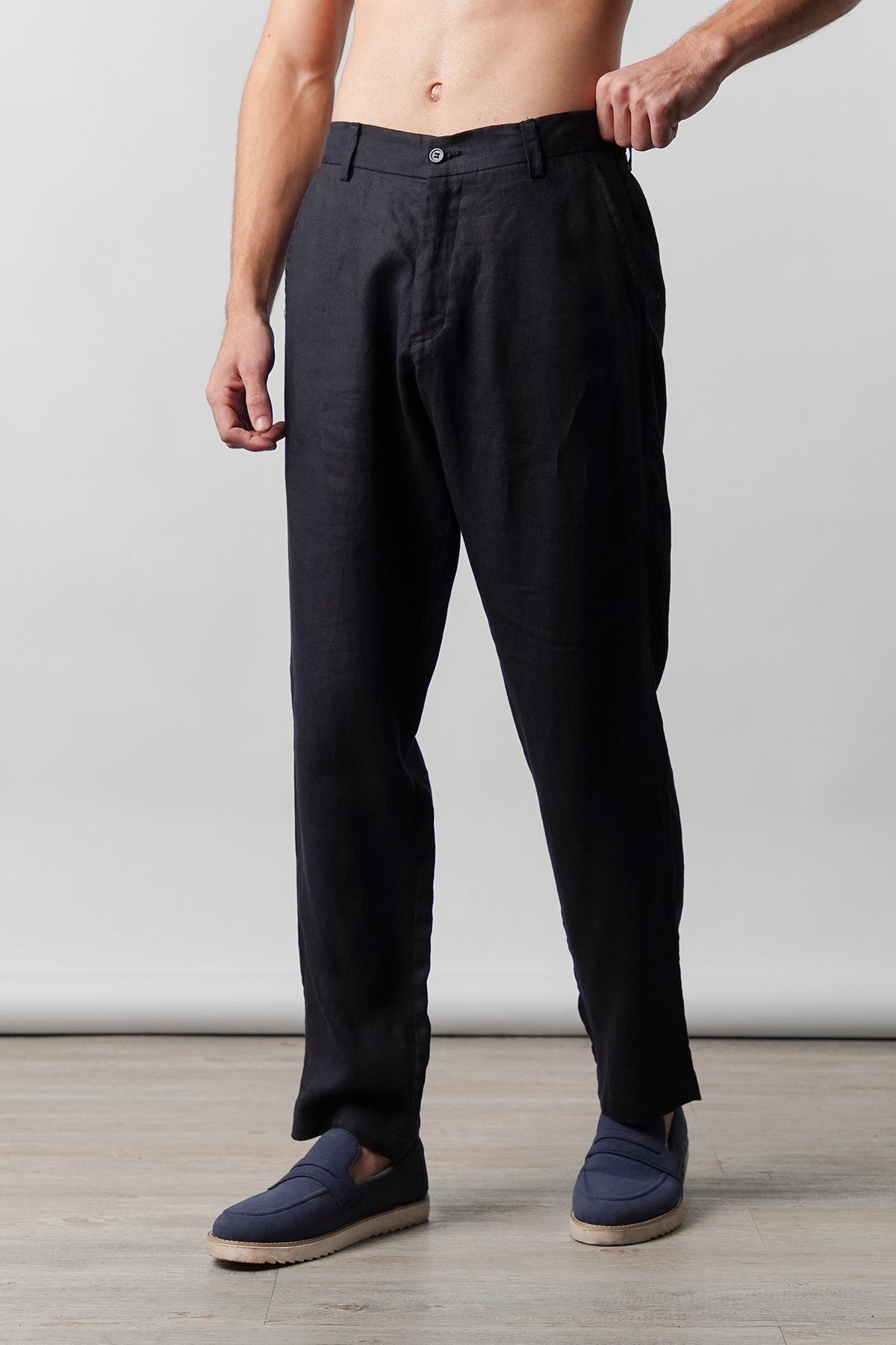 Straight Fit Linen Pants - Navy Blue - FA alternate view