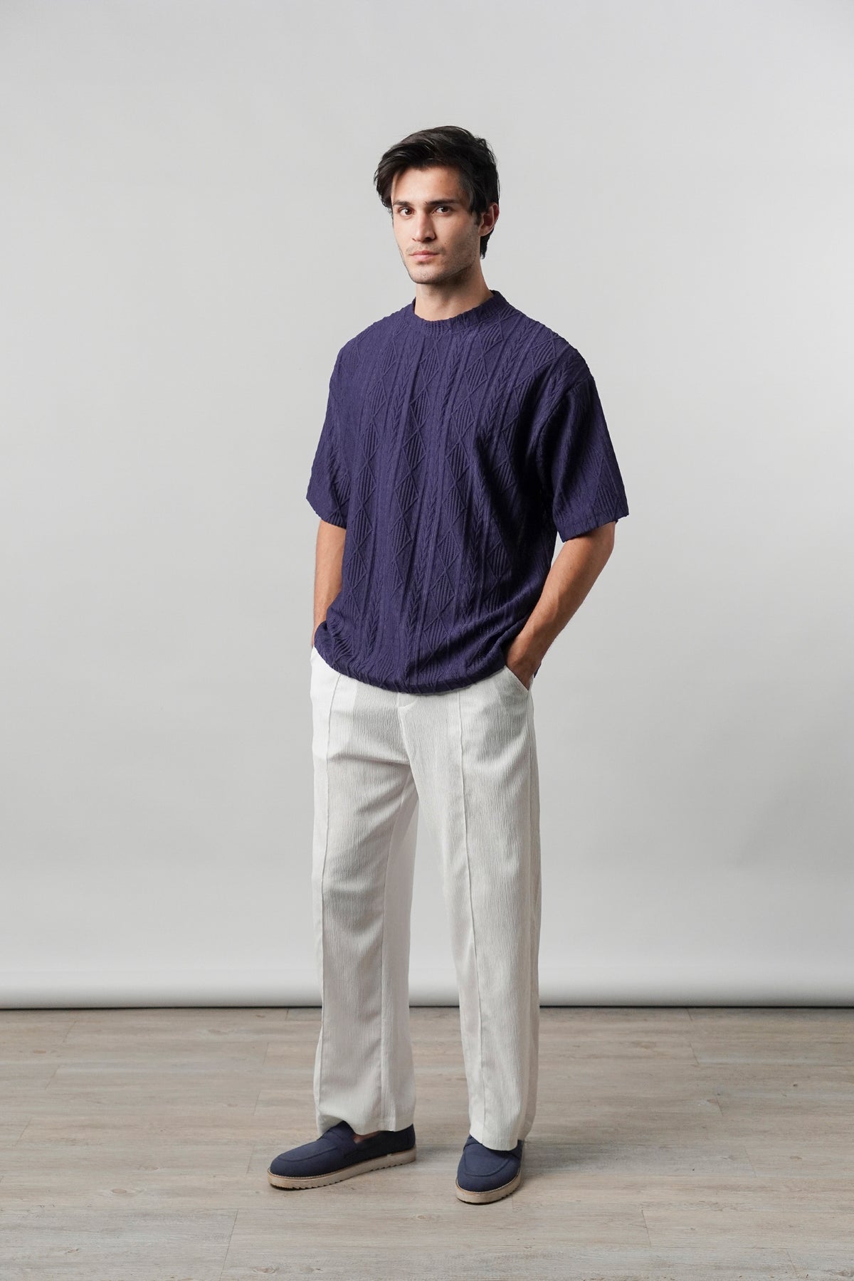 Textured Oversized T-Shirt - Navy Blue