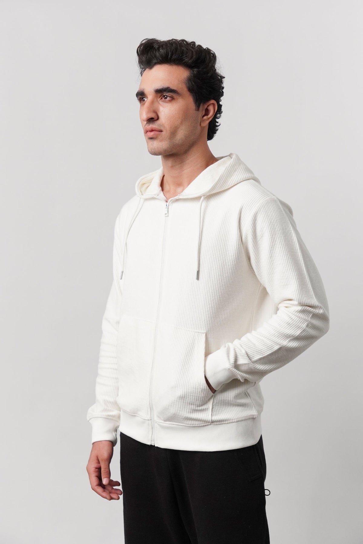 Textured Zipper Hoodie - White - FA alternate view