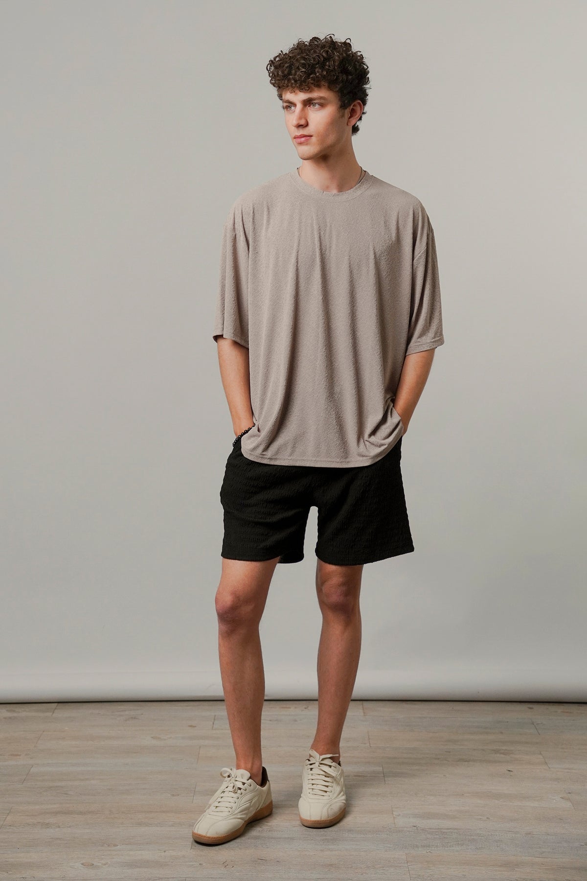 Oversized Texture Crew T-Shirt - Khaki Beige