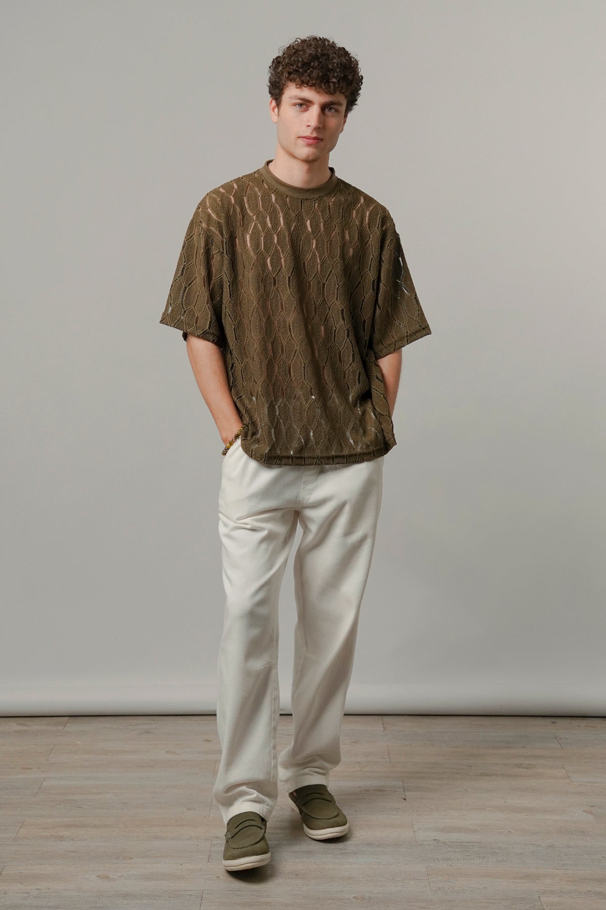 Knitted Oversized T-Shirt - Olive Green