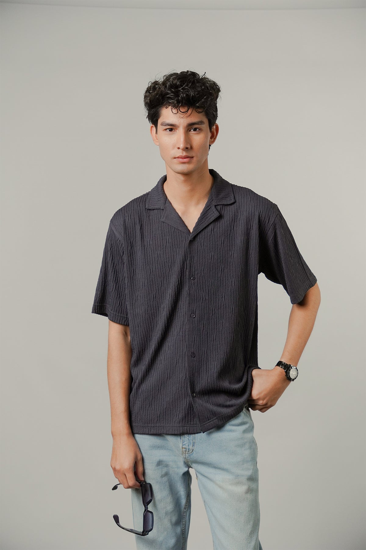 Textured Cuban Shirt - Greyish Blue
