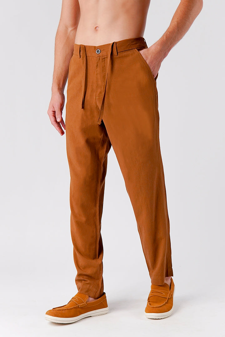 Straight Fit Linen Pants - Brown