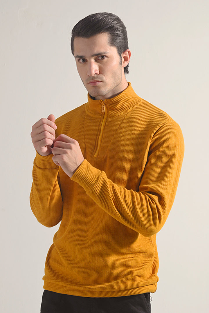 Textured Half Zipper Sweatshirt - Mustard - FA