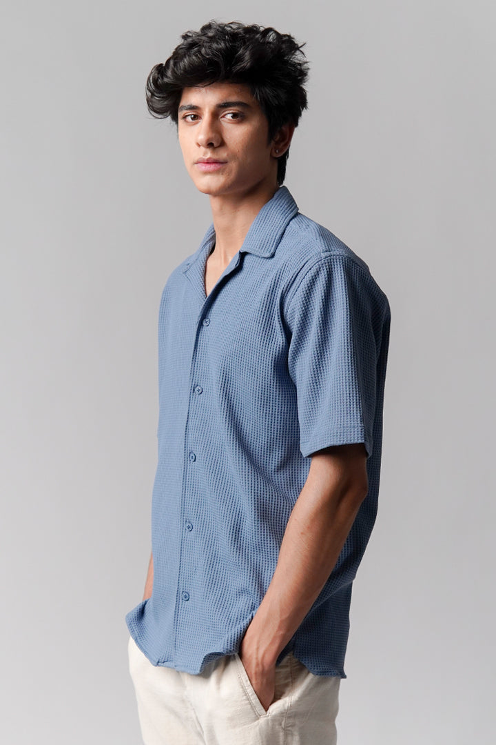 Waffle Knit Cuban Shirt - Steel Blue - FA alternate view